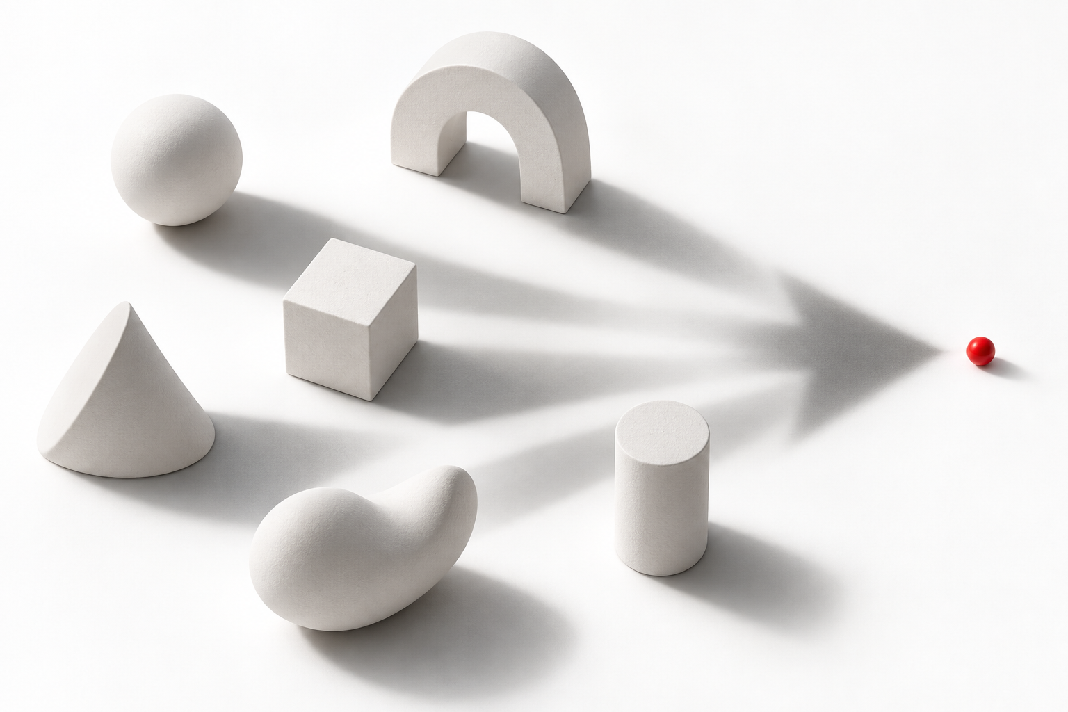 Abstract white forms casting a directional shadow toward a red point