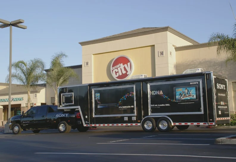 Complete Sony truck and trailer parked in front of Circuit City