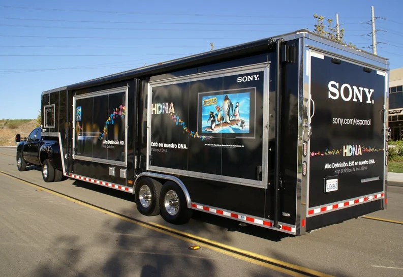 Rear three-quarter street view of the Sony mobile trailer