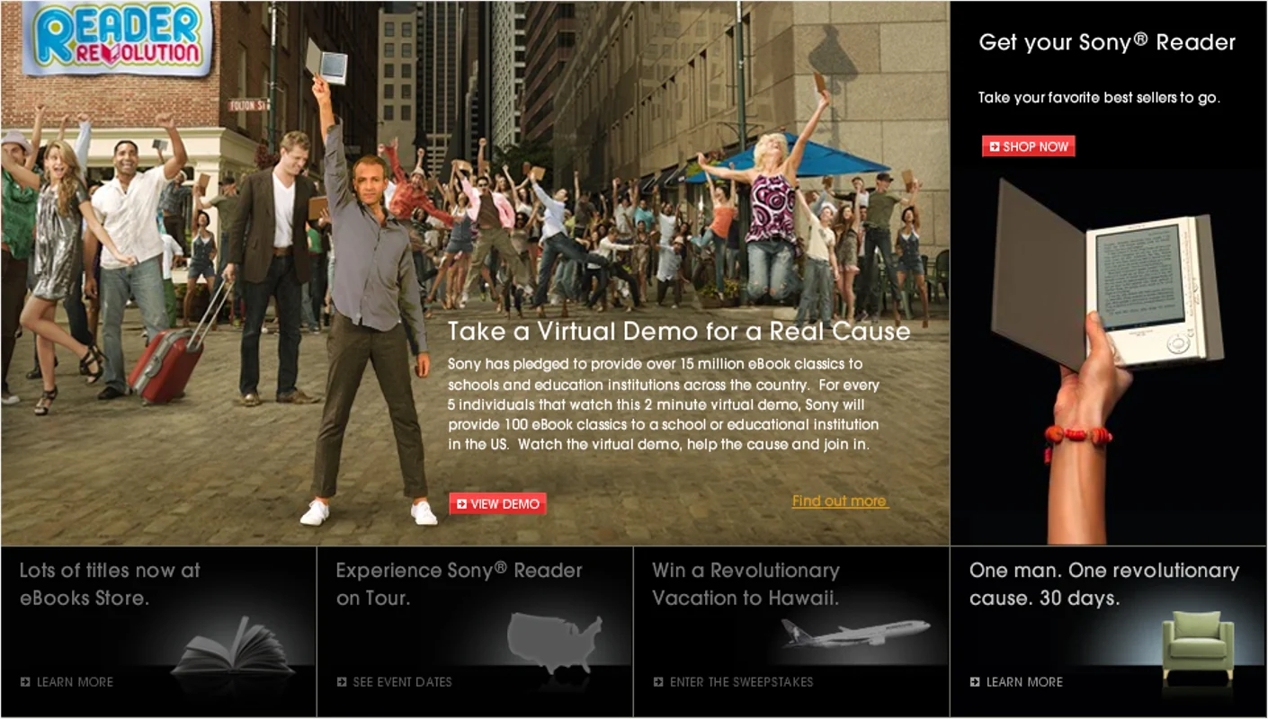 Sony Reader Revolution campaign artwork with a street scene, eReader and virtual-demo promotion