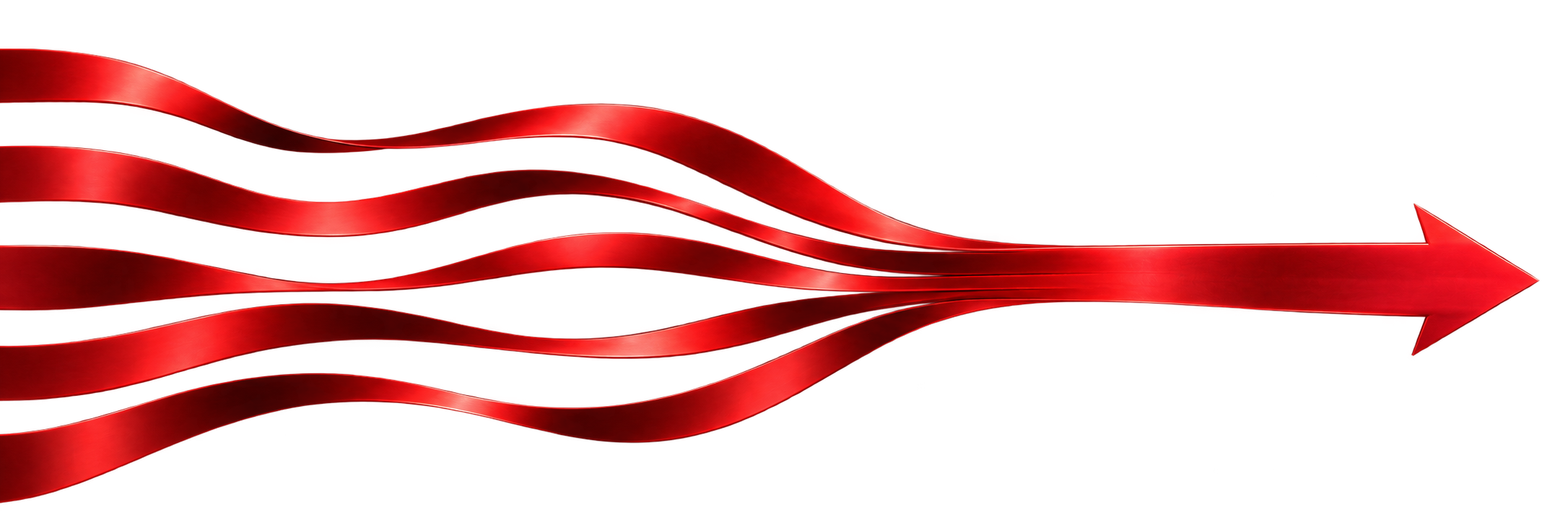 Red ribbons converging into a single forward-pointing arrow