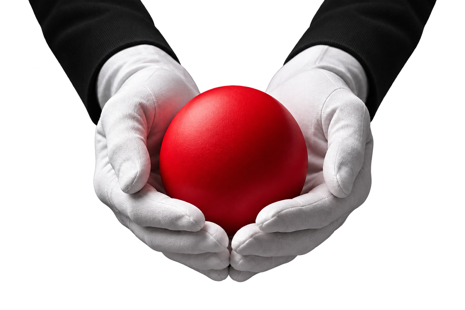 White-gloved hands carefully holding a red sphere